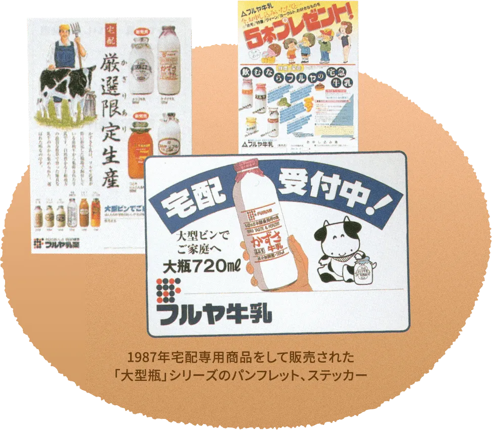 1987年宅配専用商品をして販売された「大型瓶」シリーズのパンフレット、ステッカー
